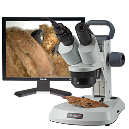 Stereo Microscope with Camera - OM124L 10x, 20x, 40x Rechargeable LED Stereo Microscope Camera Package